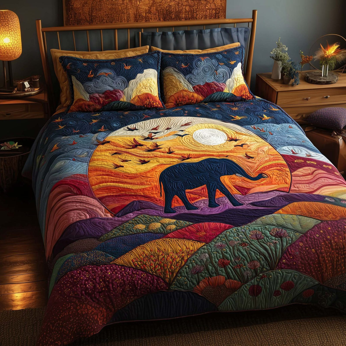 Moonlit Elephant quilted 3-piece bedding set on a made bed with two matching pillow shams
