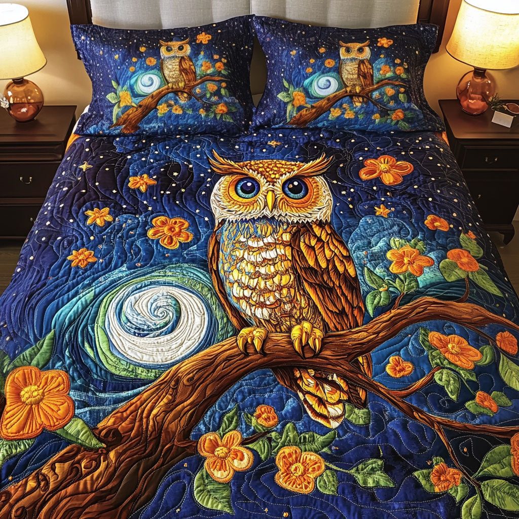 Moonlit Eyes quilted 3-piece bedding set on a made bed with two matching pillow shams