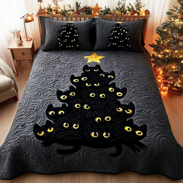 Moonlit Eyes quilted 3-piece bedding set on a made bed with two matching pillow shams