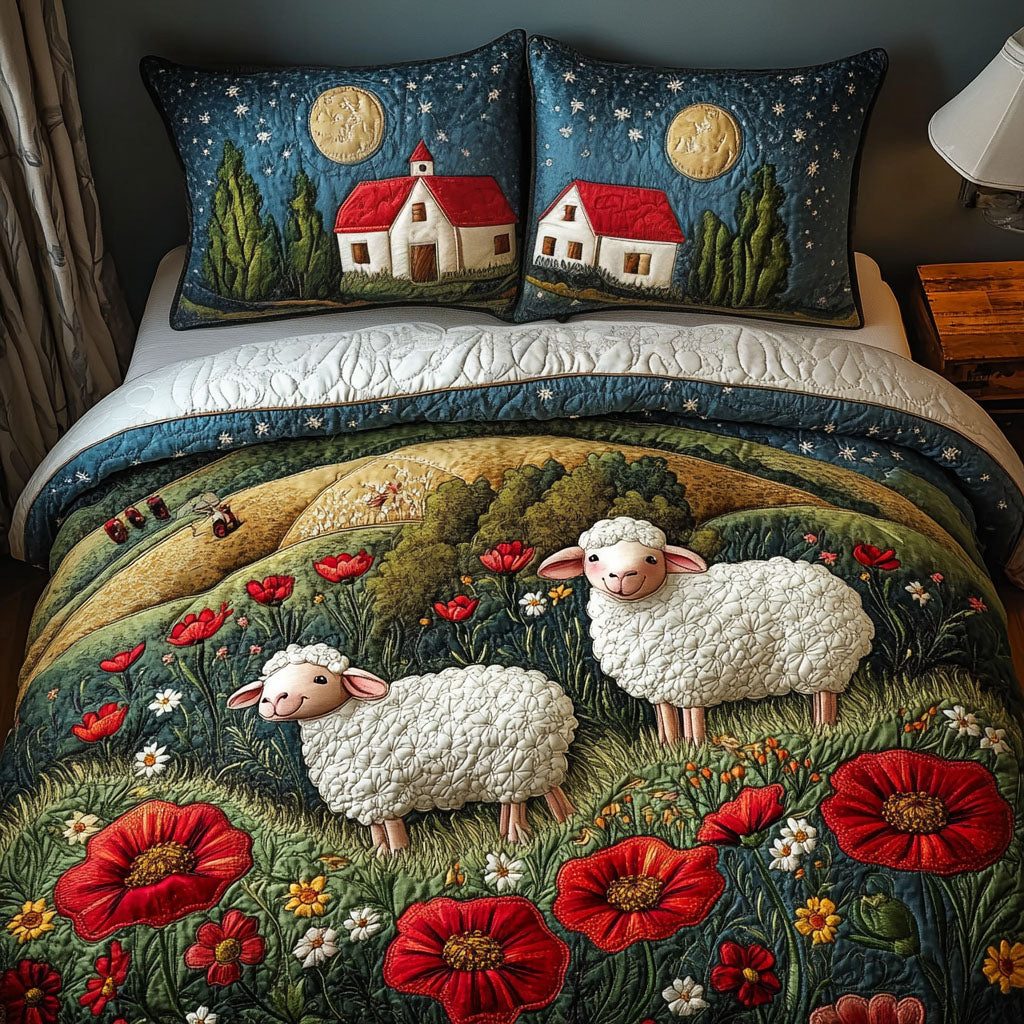 Moonlit Farmyard quilted 3-piece bedding set on a made bed with two matching pillow shams