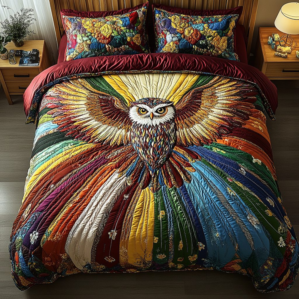 Moonlit Feathers quilted 3-piece bedding set on a made bed with two matching pillow shams
