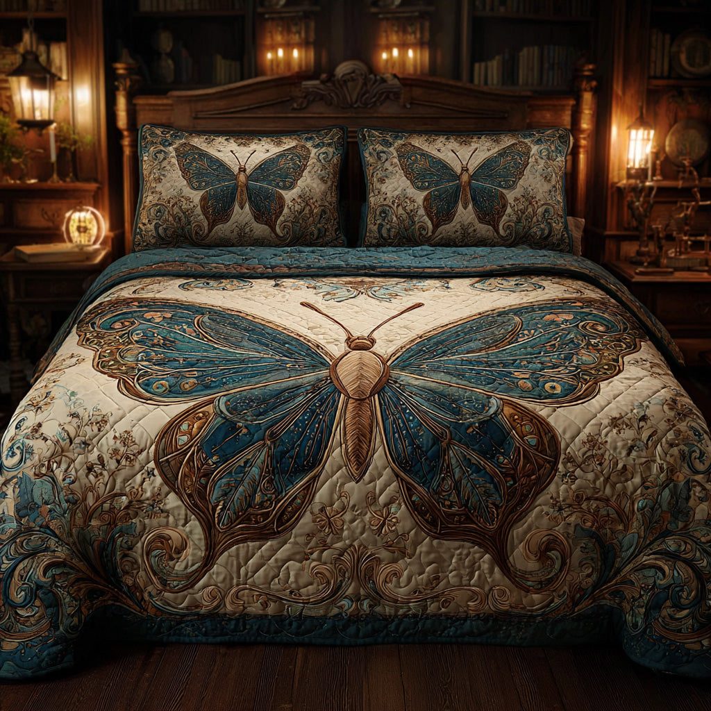 Moonlit Flutter quilted 3-piece bedding set on a made bed with two matching pillow shams