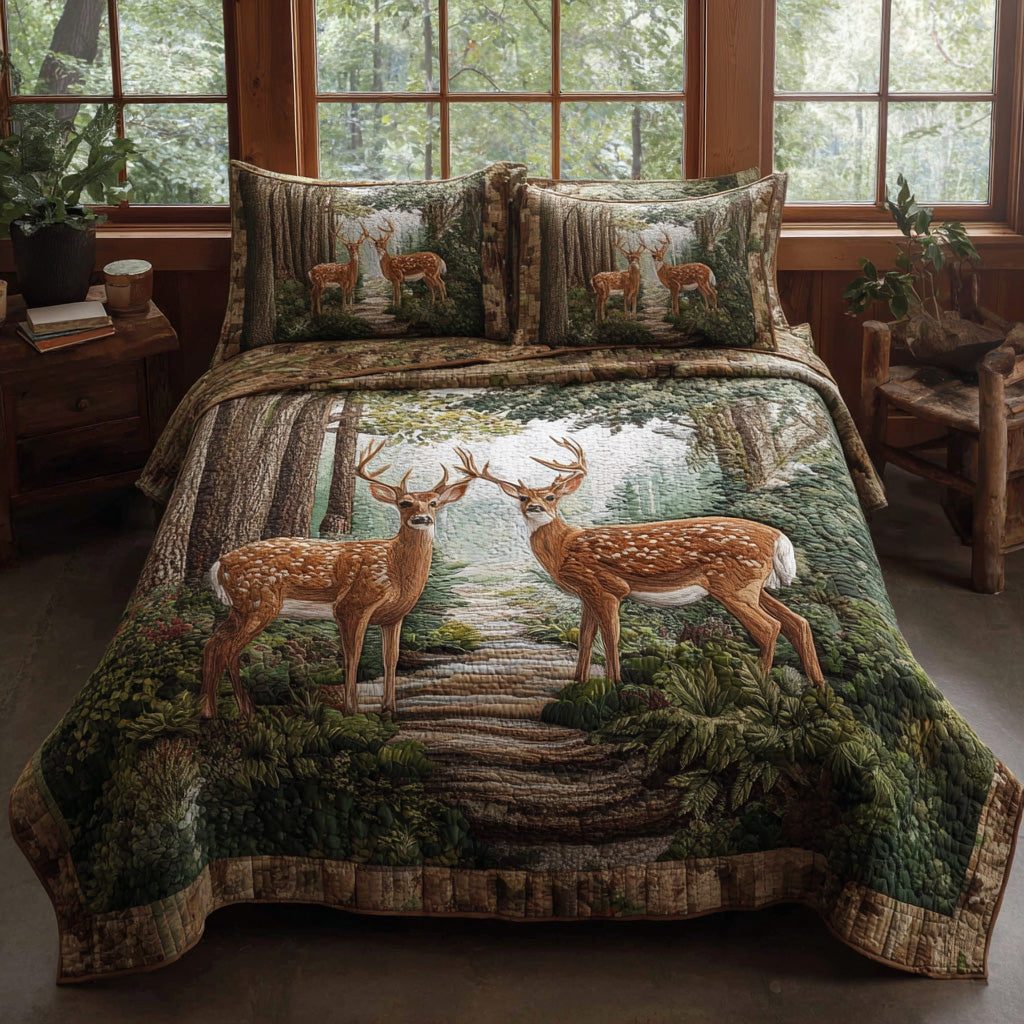 Moonlit Forest Deer quilted 3-piece bedding set on a made bed with two matching pillow shams