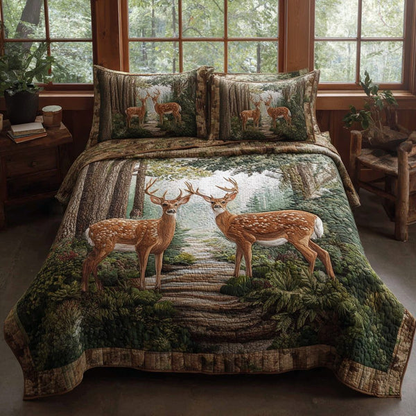 Moonlit Forest Deer quilted 3-piece bedding set on a made bed with two matching pillow shams
