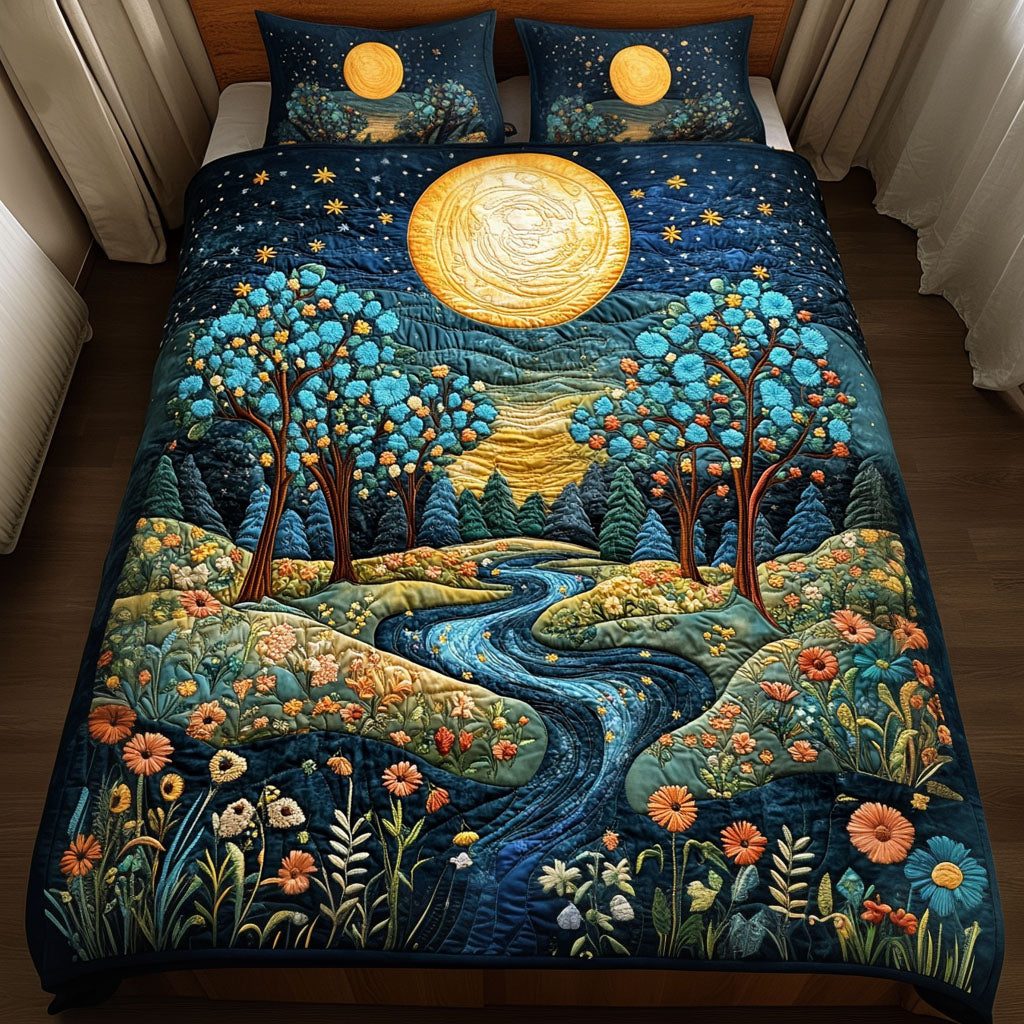 Moonlit Forest quilted 3-piece bedding set on a made bed with two matching pillow shams