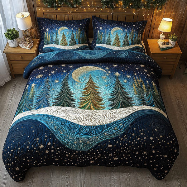 Moonlit Forest quilted 3-piece bedding set on a made bed with two matching pillow shams