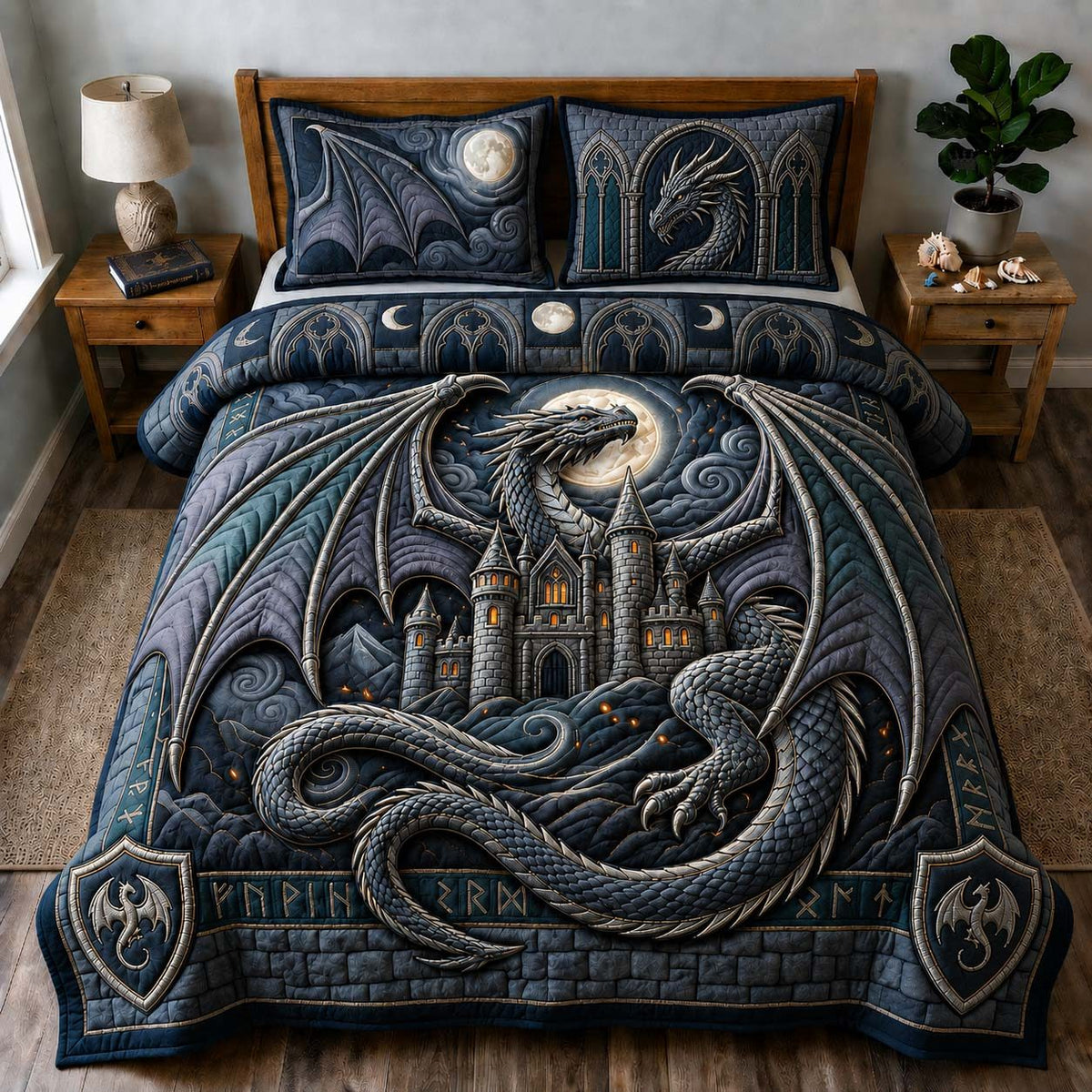 Moonlit Fortress quilted 3-piece bedding set on a made bed with two matching pillow shams