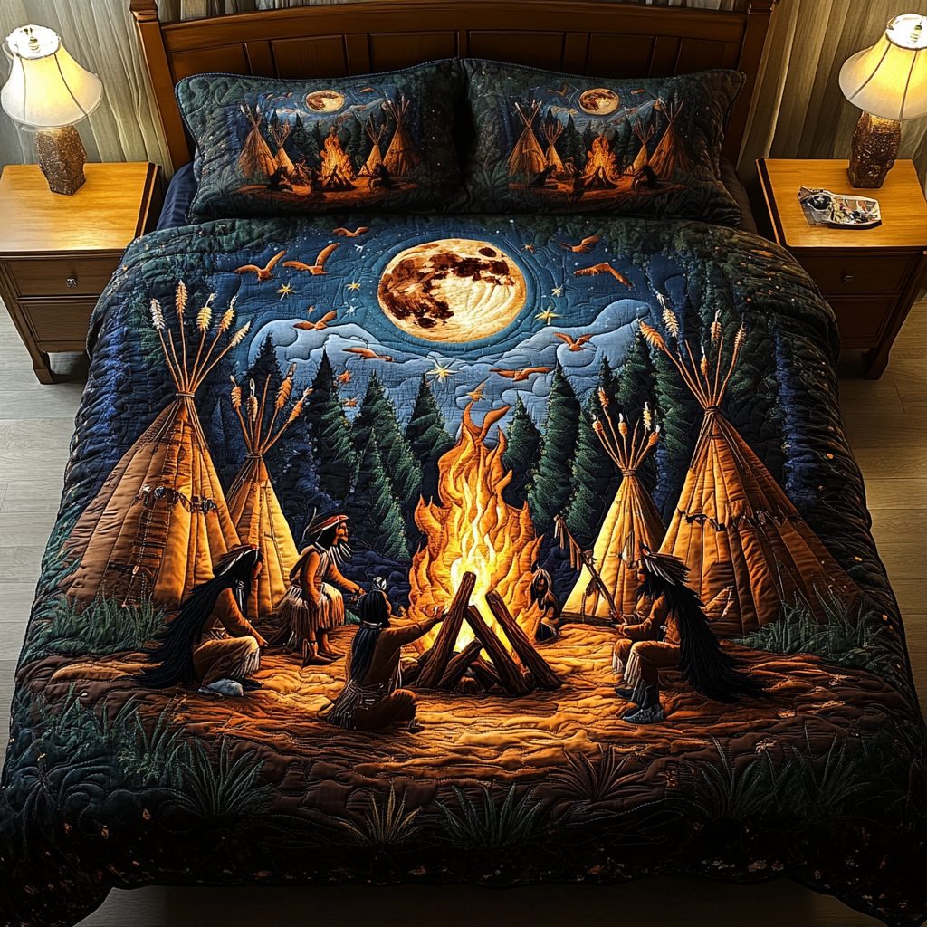 Moonlit Gathering quilted 3-piece bedding set on a made bed with two matching pillow shams