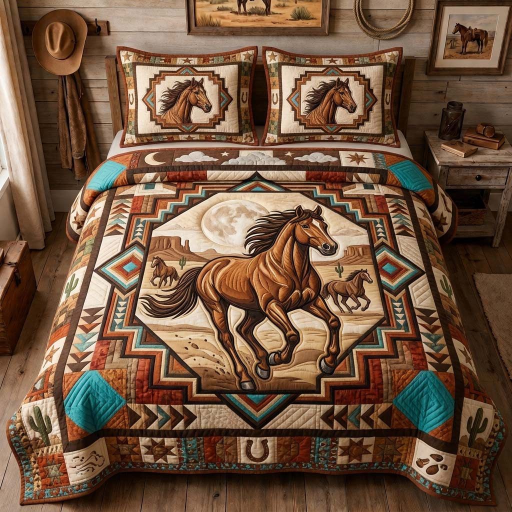 Moonlit Horse Spirit quilted 3-piece bedding set on a made bed in a rustic timber bedroom