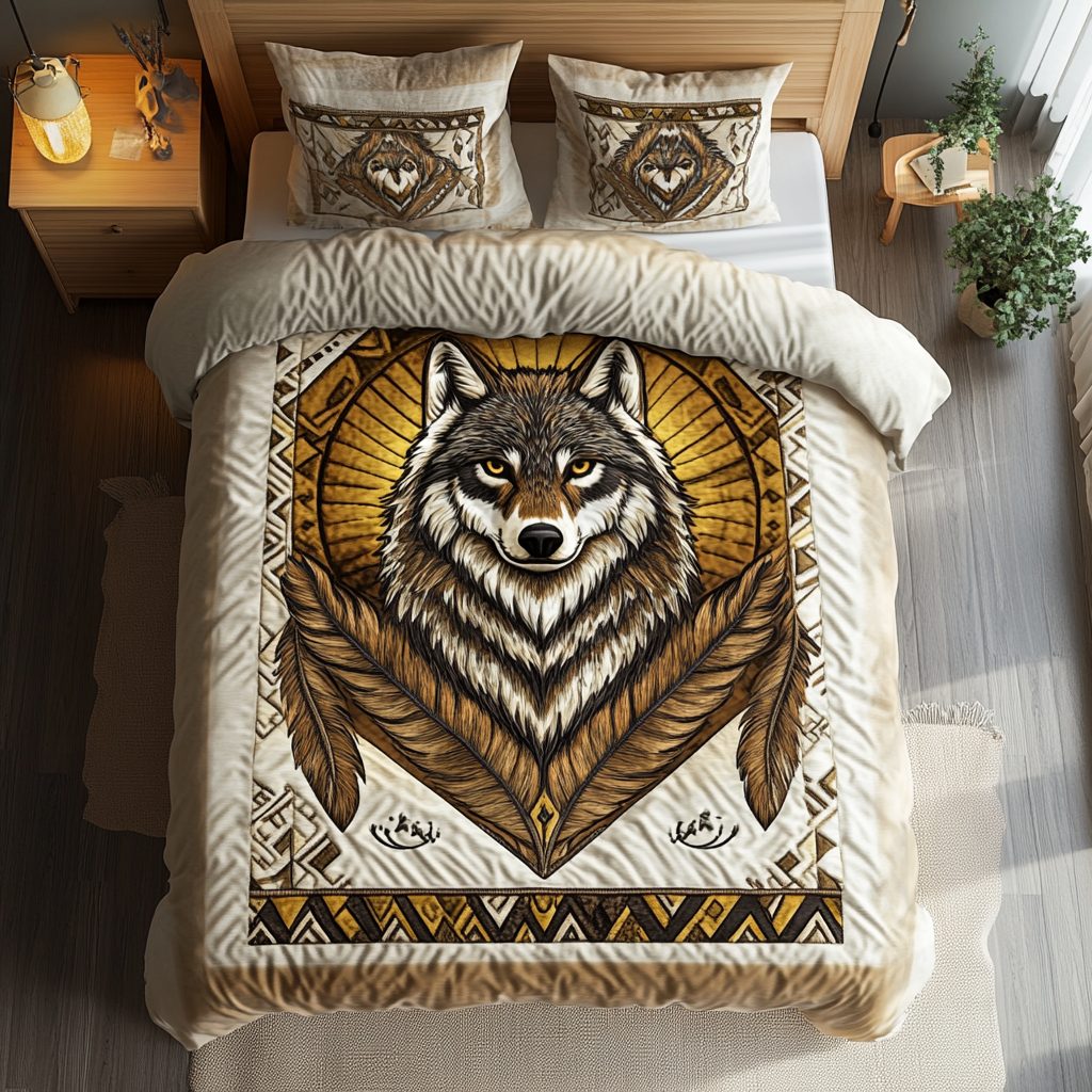 Moonlit Howl quilted 3-piece bedding set on a made bed with two matching pillow shams