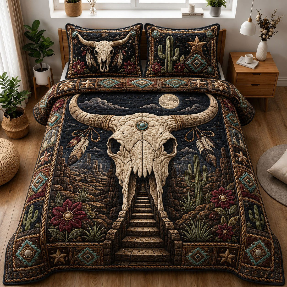 Moonlit Longhorn Skull Desert Portal quilted 3-piece bedding set on a made bed against a dark styled interior