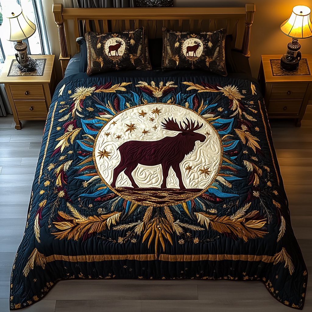 Moonlit Majesty quilted 3-piece bedding set on a made bed with two matching pillow shams