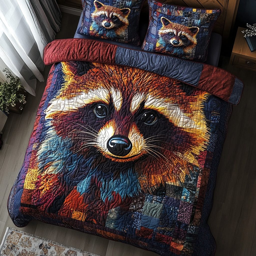 Moonlit Mask quilted 3-piece bedding set on a made bed with two matching pillow shams