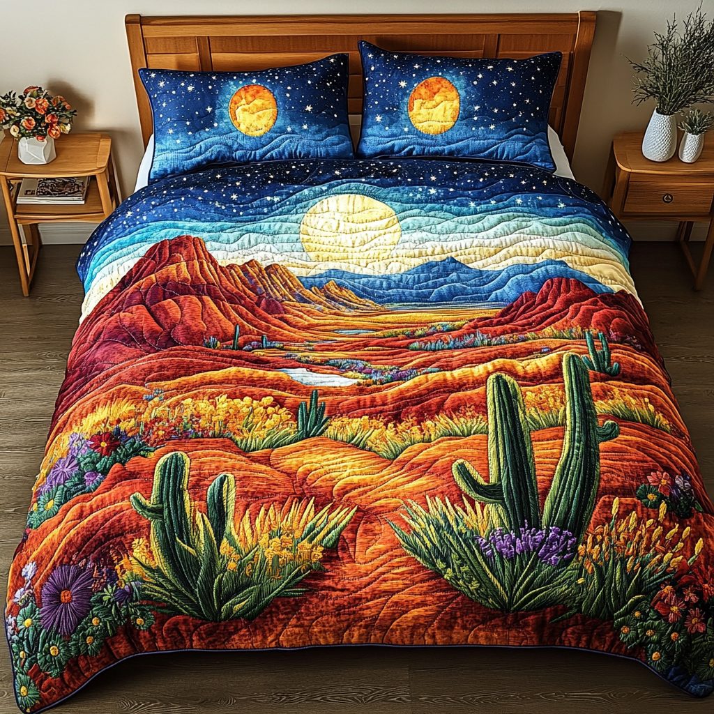Moonlit Oasis quilted 3-piece bedding set on a made bed with two matching pillow shams