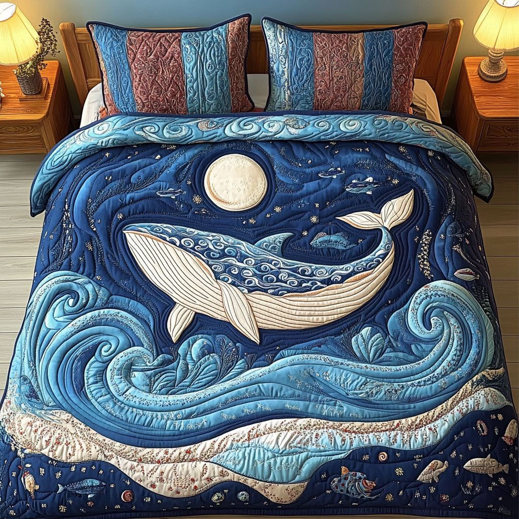Moonlit Ocean Symphony quilted 3-piece bedding set on a made bed in a light coastal bedroom