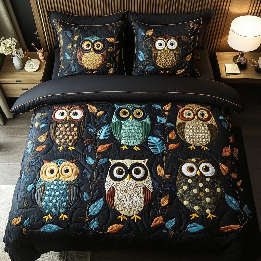Moonlit Owl quilted 3-piece bedding set on a made bed with two matching pillow shams