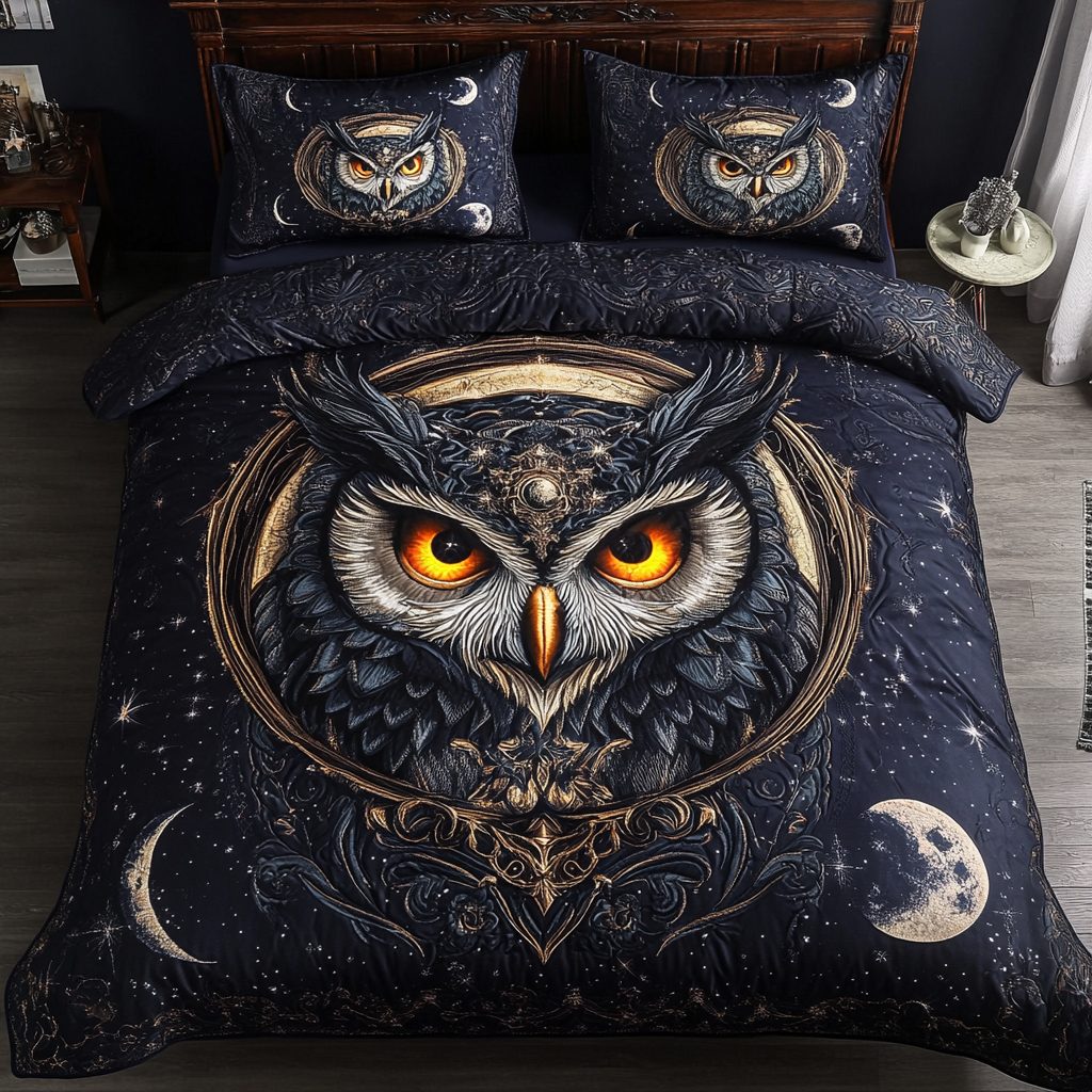 Moonlit Owl quilted 3-piece bedding set on a made bed with two matching pillow shams