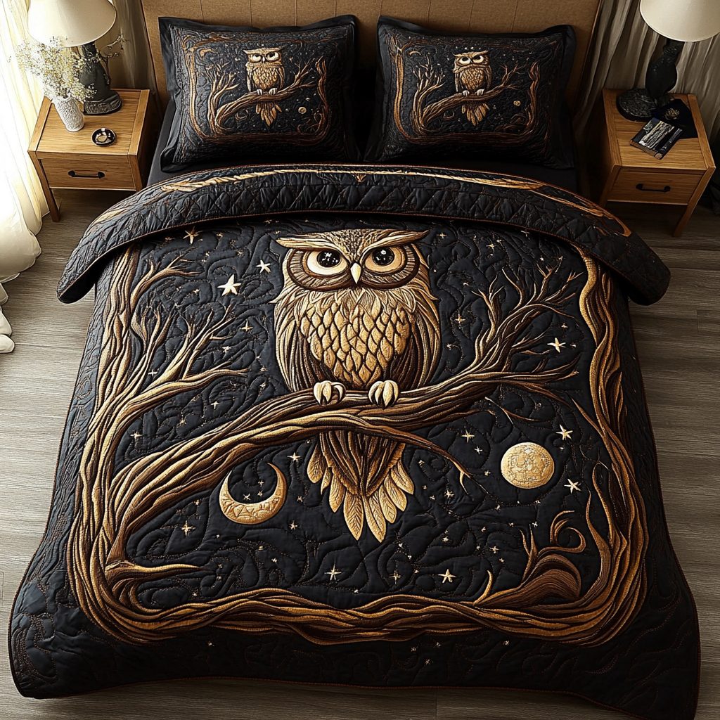 Moonlit Owl quilted 3-piece bedding set on a made bed with two matching pillow shams