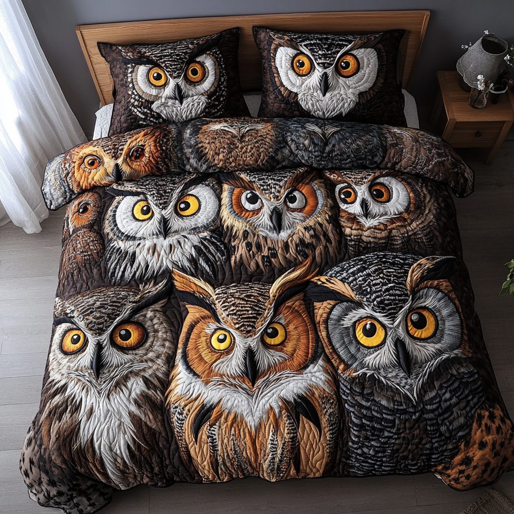 Moonlit Owl quilted 3-piece bedding set on a made bed with two matching pillow shams
