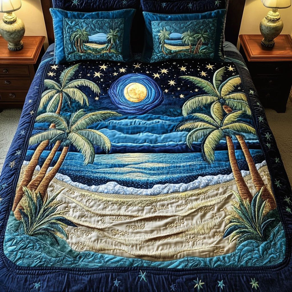 Moonlit Paradise quilted 3-piece bedding set on a made bed with two matching pillow shams