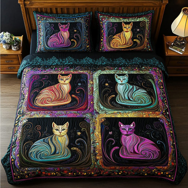 Moonlit Paws quilted 3-piece bedding set on a made bed with two matching pillow shams
