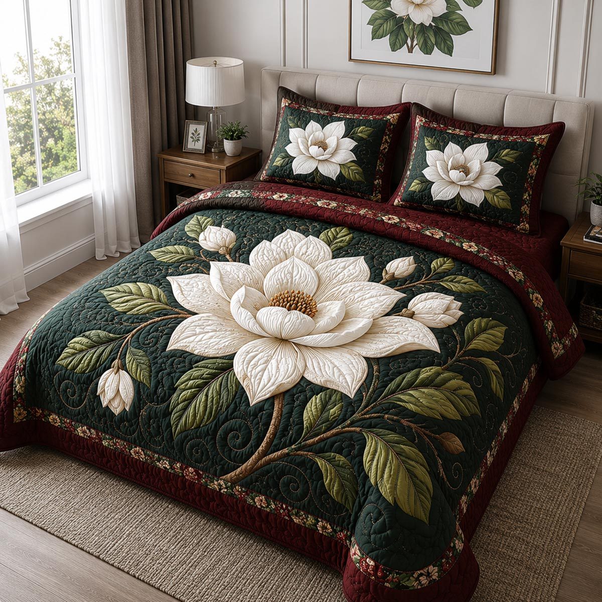 Moonlit Petals quilted 3-piece bedding set on a made bed with two matching pillow shams