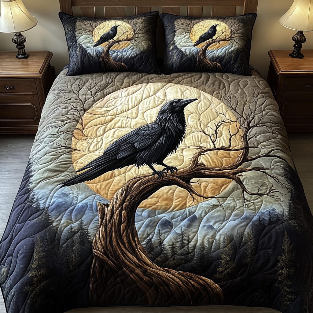 Moonlit Raven quilted 3-piece bedding set on a made bed against a dark styled interior