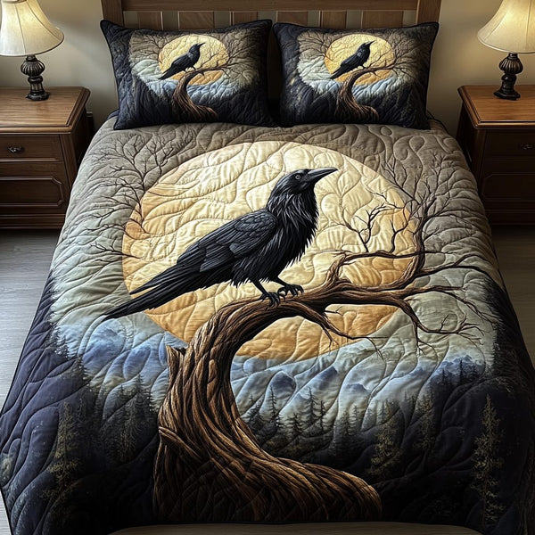 Moonlit Raven quilted 3-piece bedding set on a made bed against a dark styled interior