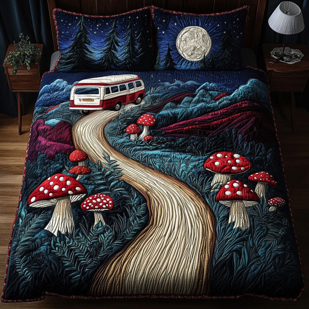 Moonlit Road Adventure quilted 3-piece bedding set on a made bed in a winter-styled bedroom