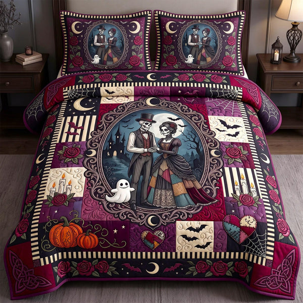 Moonlit Romance quilted 3-piece bedding set on a made bed with two matching pillow shams