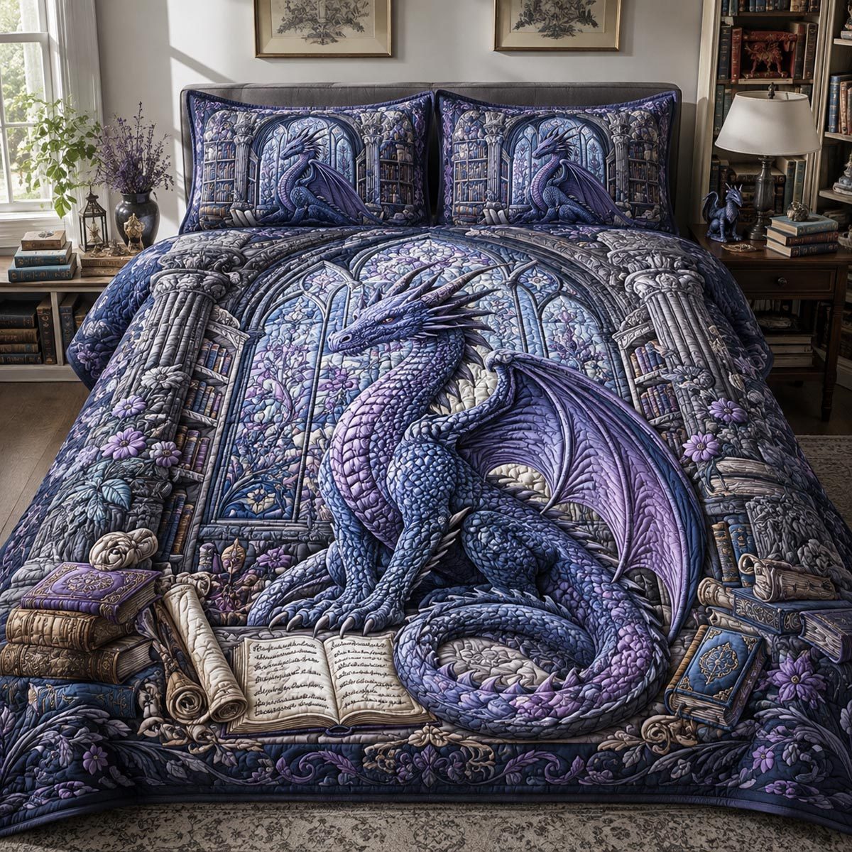 Moonlit Scholar quilted 3-piece bedding set on a made bed with two matching pillow shams