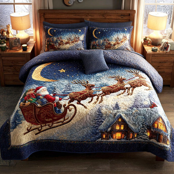 Moonlit Sleigh quilted 3-piece bedding set on a made bed in a winter-styled bedroom