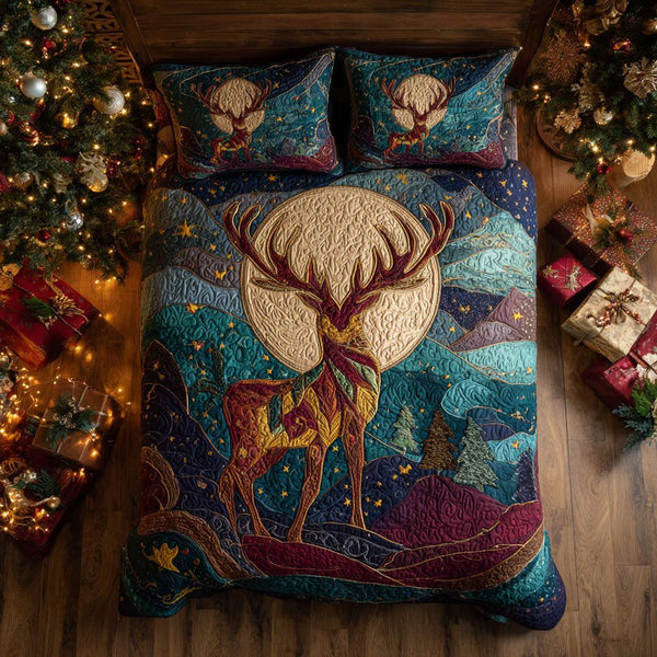 Moonlit Stag quilted 3-piece bedding set on a made bed with two matching pillow shams