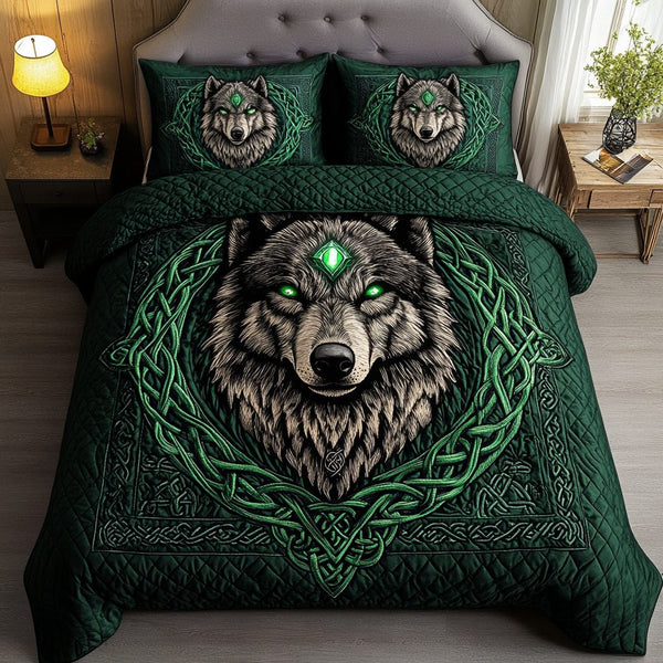 Moonlit Trails quilted 3-piece bedding set on a made bed with two matching pillow shams