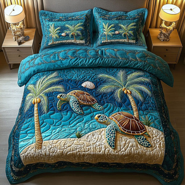 Moonlit Turtle Path quilted 3-piece bedding set on a made bed in a light coastal bedroom