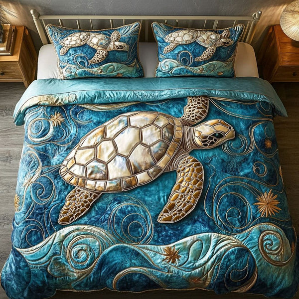 Moonlit Turtle Path quilted 3-piece bedding set on a made bed in a light coastal bedroom
