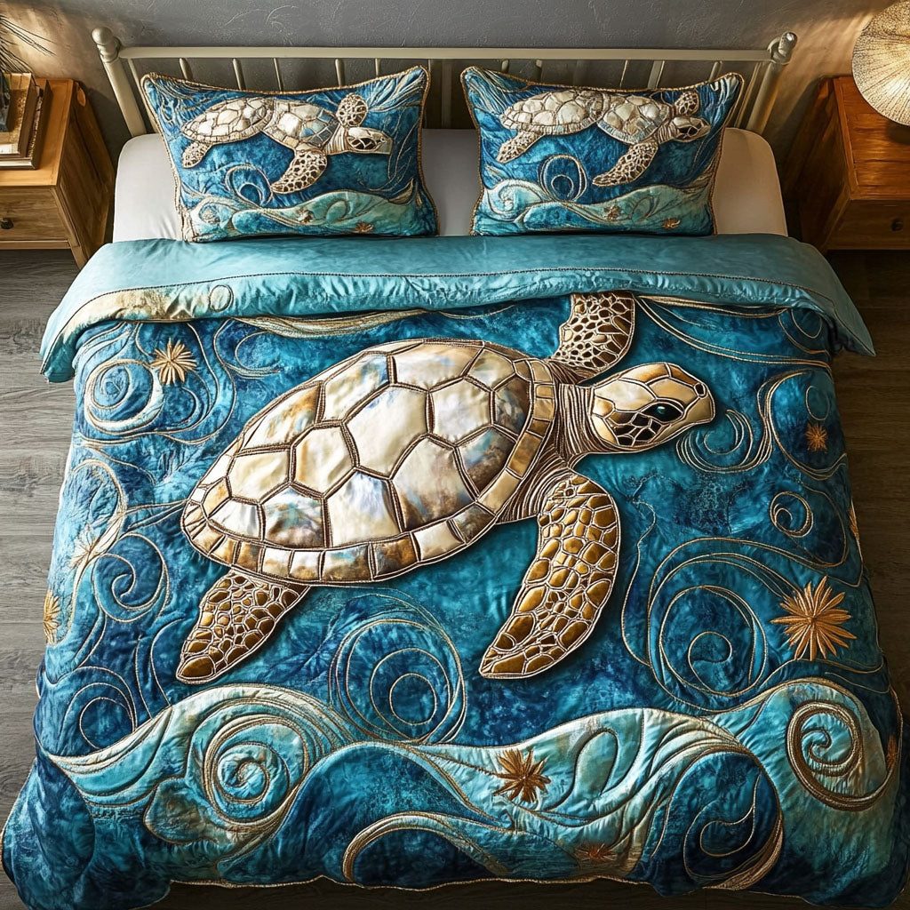 Moonlit Turtle Path quilted 3-piece bedding set on a made bed in a light coastal bedroom