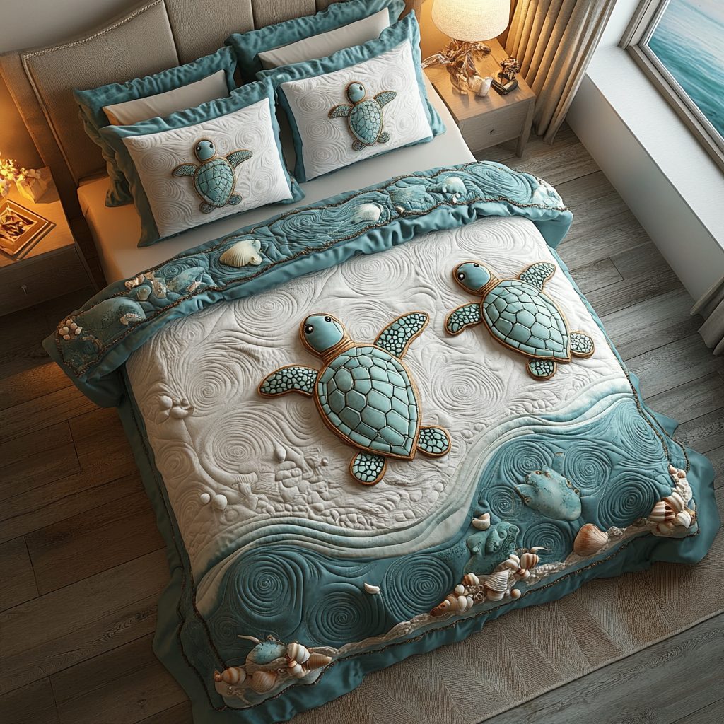 Moonlit Turtle quilted 3-piece bedding set on a made bed in a light coastal bedroom