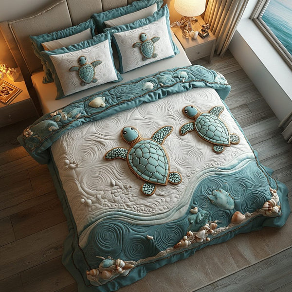 Moonlit Turtle quilted 3-piece bedding set on a made bed in a light coastal bedroom