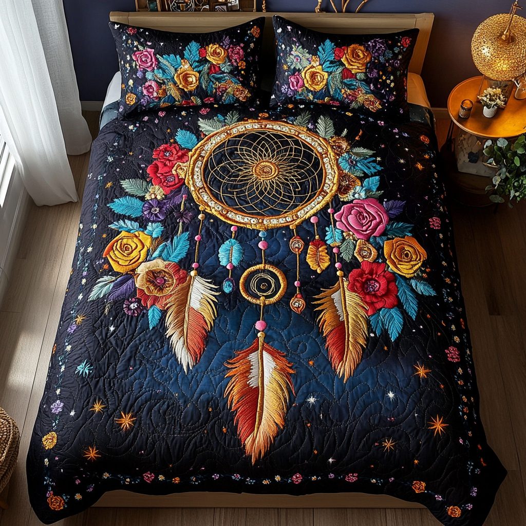 Moonlit Visions quilted 3-piece bedding set on a made bed with two matching pillow shams