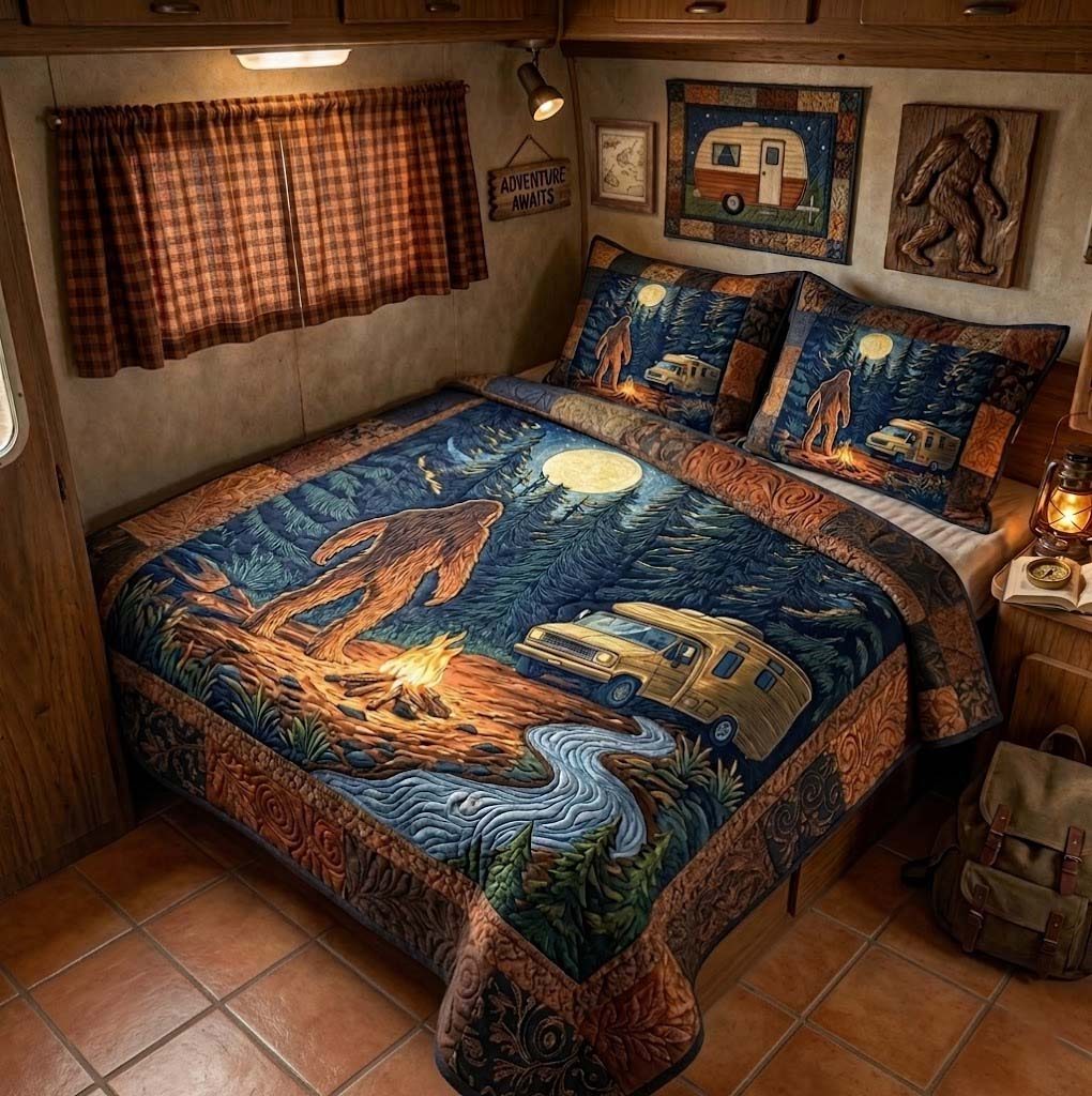 Moonlit Wanderer quilted 3-piece bedding set on a made bed with two matching pillow shams