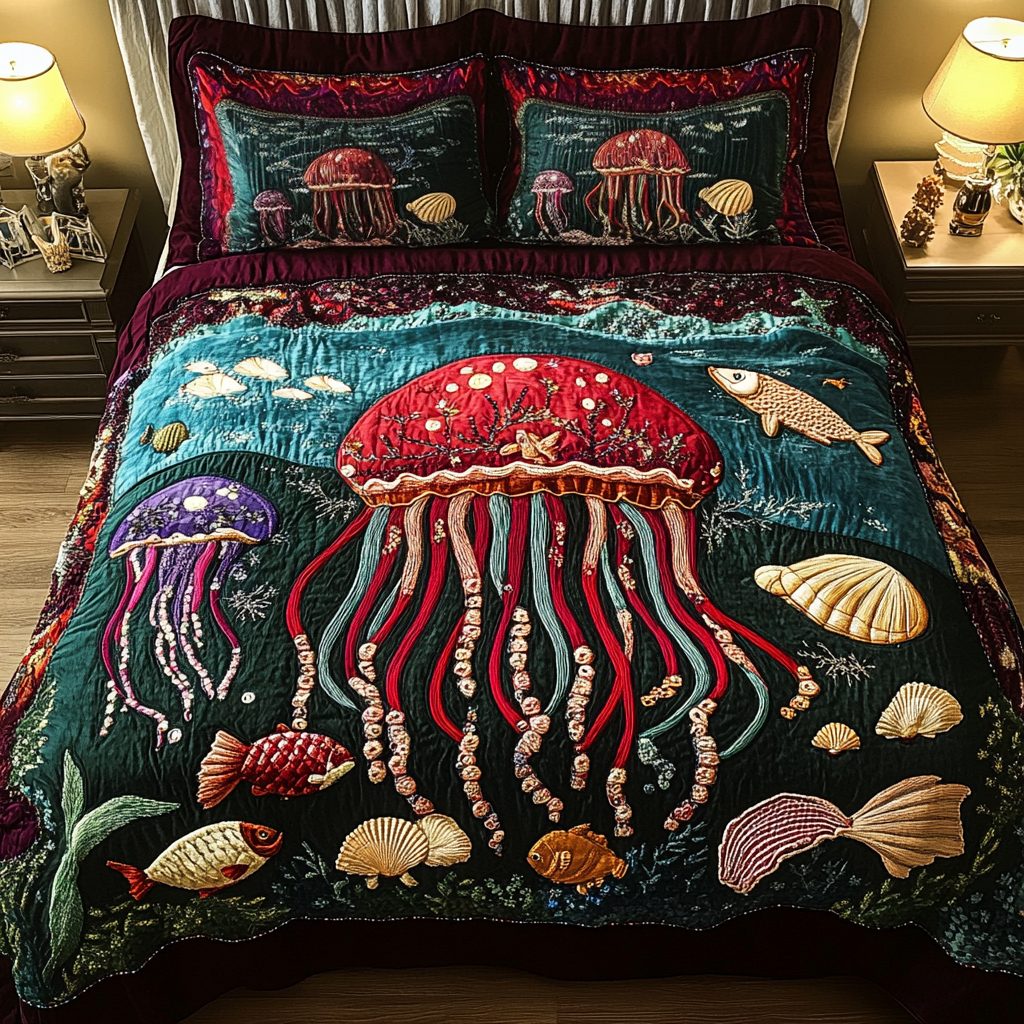 Moonlit Waves quilted 3-piece bedding set on a made bed in a light coastal bedroom
