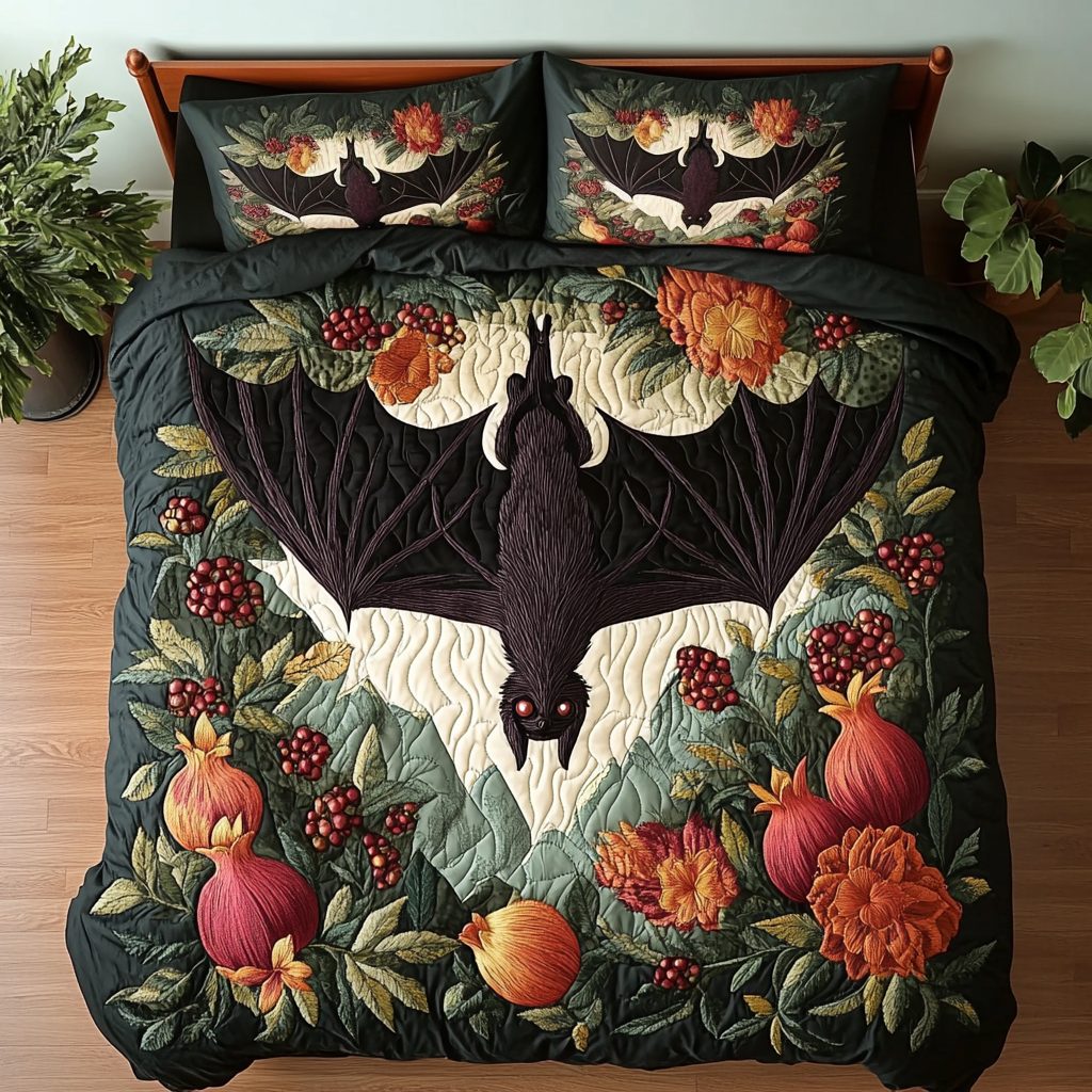 Moonlit Wings quilted 3-piece bedding set on a made bed with two matching pillow shams