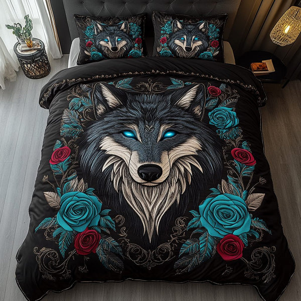 Moonlit Wolf quilted 3-piece bedding set on a made bed with two matching pillow shams