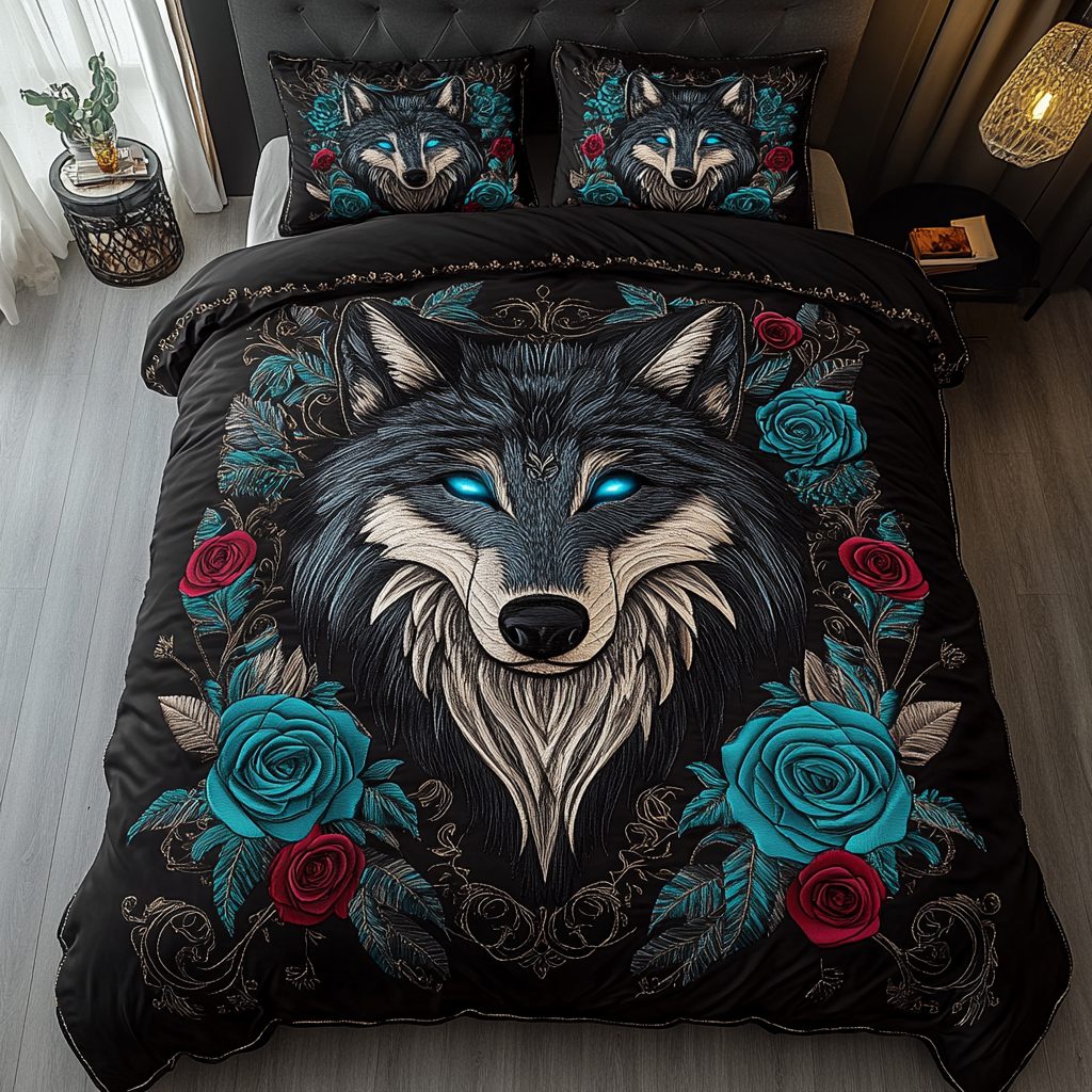 Moonlit Wolf quilted 3-piece bedding set on a made bed with two matching pillow shams
