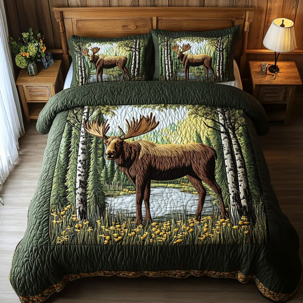 Moose Adventure quilted 3-piece bedding set on a made bed in a winter-styled bedroom
