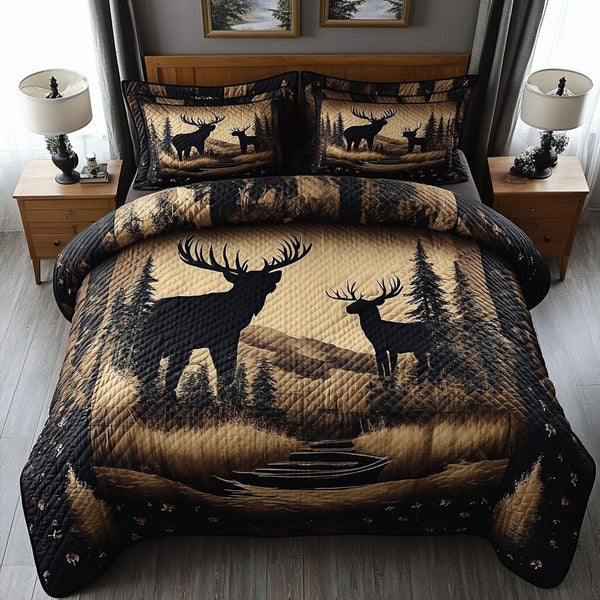 Moose Adventure quilted 3-piece bedding set on a made bed in a winter-styled bedroom
