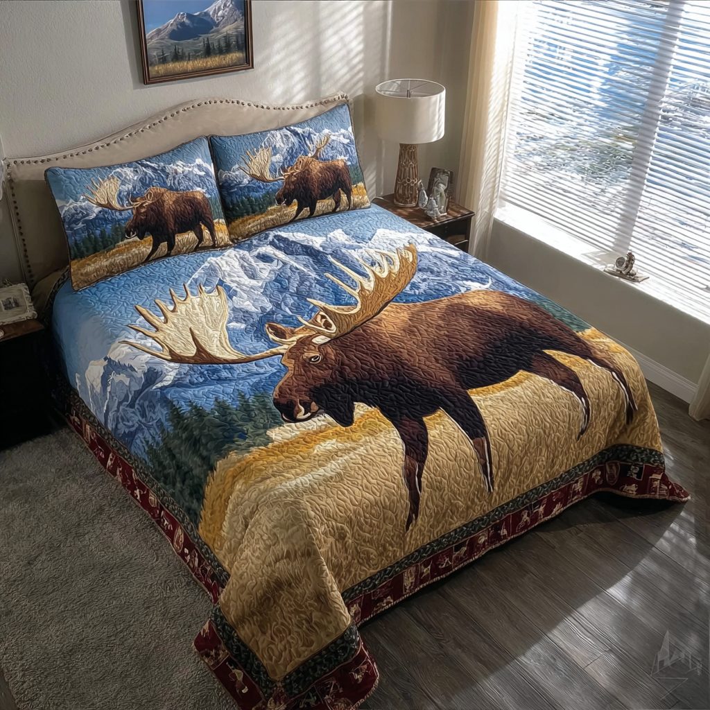 Moose Creek quilted 3-piece bedding set on a made bed with two matching pillow shams
