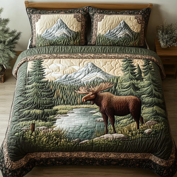 Moose Creek quilted 3-piece bedding set on a made bed with two matching pillow shams