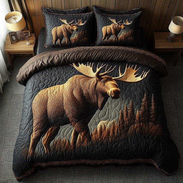 Moose Forest quilted 3-piece bedding set on a made bed with two matching pillow shams